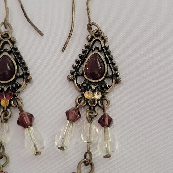 Boho Antique Gold Dangling Earrings With Purple & Clear Beads Teardrop Design Ho - Picture 3 of 6